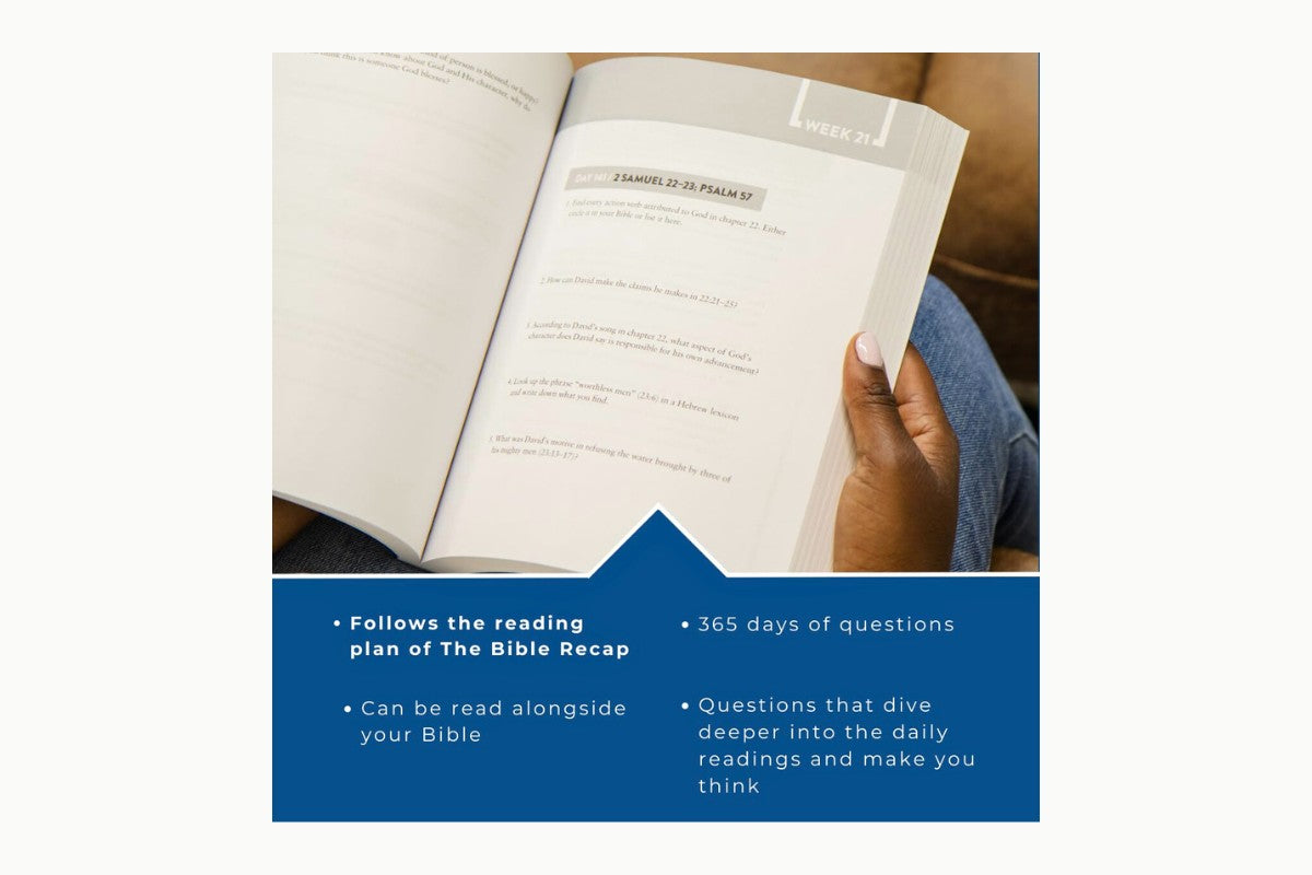 Open Bible Recap Study Guide showing daily questions and reading plan.